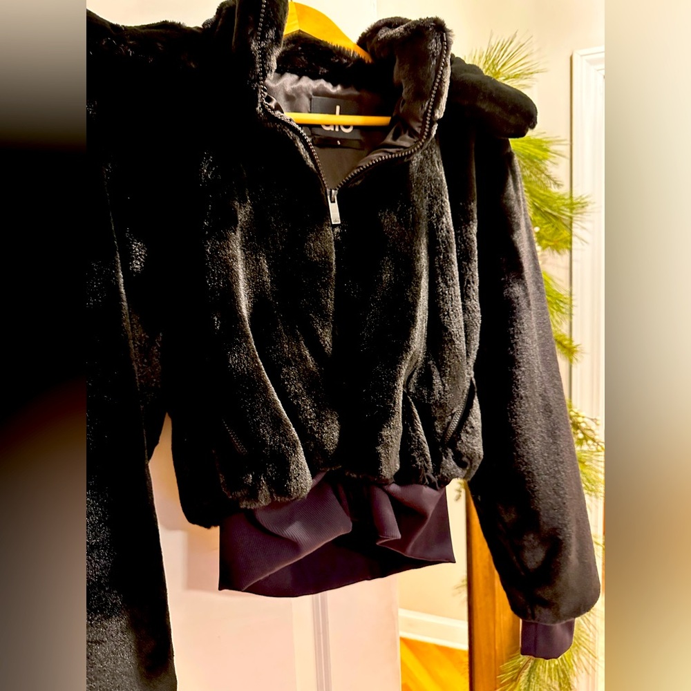 Alo Yoga Black faux fur coat- barely wore. Like new